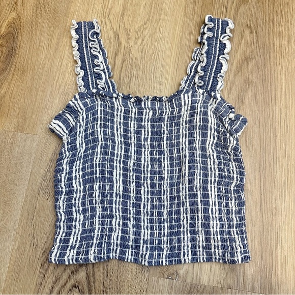 Hollister Blue and White Stripe Cropped Smocked Tank Top - Picture 1 of 4